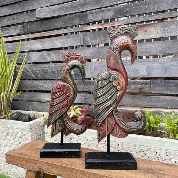 木製 スタンド オブジェ 鳥 バード 60cm B アンティーク風 置き物 木彫り アジアン　ギフト