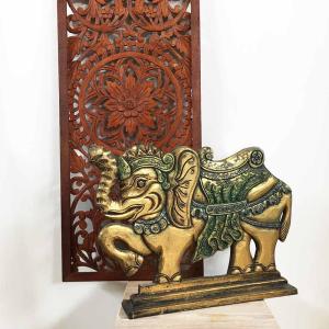 アジアン雑貨 木製 レリーフ ゾウ 象 W50cm ゴールド 金 アートパネル