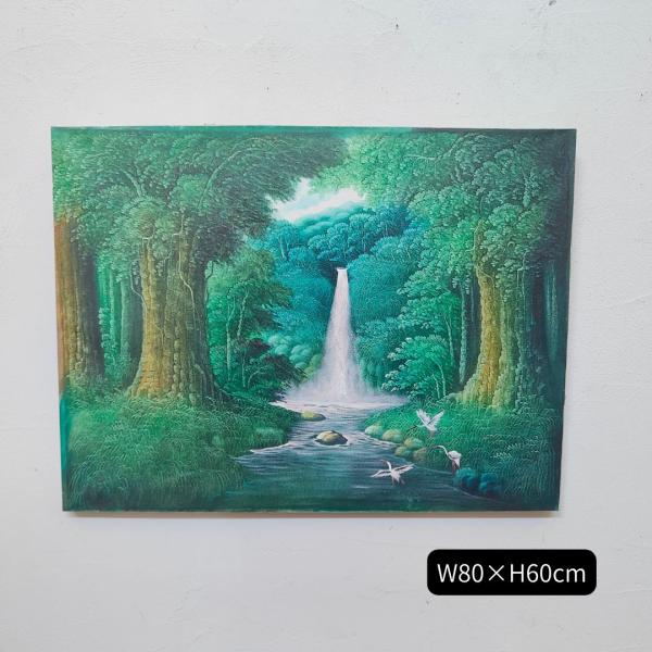 森の絵 滝の絵 森の滝 鳥の絵 フレームなし W80×H60cm 緑 グリーン バリ絵画  開運　風...