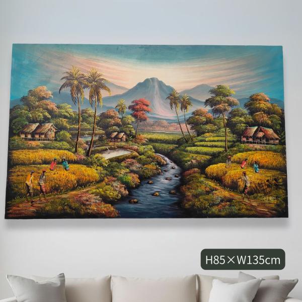 山の絵 田園 原風景 田舎 フレームなし W135×H85cm 緑 グリーン バリ絵画 アートパネル...