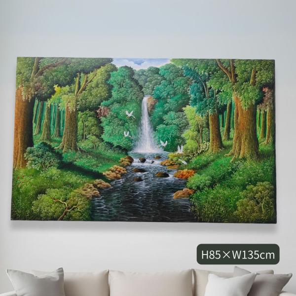 森の絵　滝の絵 フレームなし W135×H85cm 緑 グリーン バリ絵画 アートパネル 大きい 風...