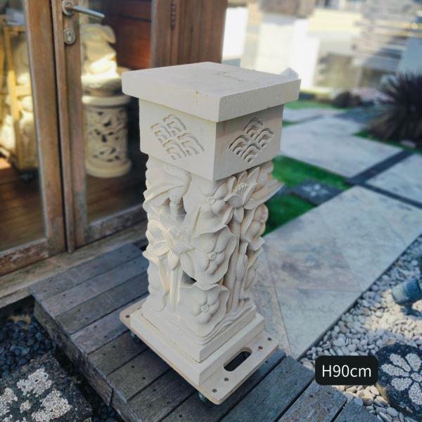 バリ島 石台 角スタンド ハス 2輪咲き パラス石 H80cm 蓮 石彫り ガーデンオブジェ 石像 ...