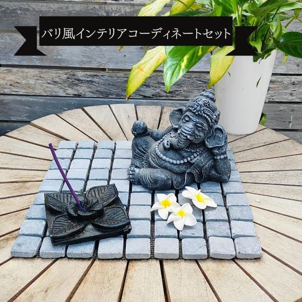 石像 ガネーシャ 置物 お香立て プルメリア 造花 セット寝そべり オブジェ グレー 灰色 H13c...