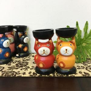 木彫り ネコ3体セット インテリア 置き物 木製オブジェ アジアン バリ