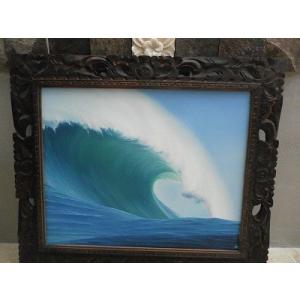 バリ島の絵画 波の絵 海の絵 壁掛け 額付き 63×53cmJ-4 バリアート