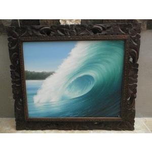 バリ島の絵画 波の絵 海の絵 壁掛け 額付き 63×53cmJ-4 バリアート
