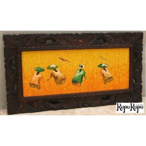 バリ絵画 風景画 稲刈り W53×H43 田園 L-6 アジアン ウブド アート