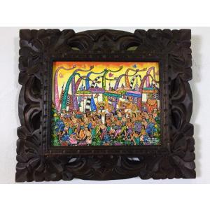 バリ島絵画 本物のサンゴの立体的な砂浜 波の絵 W100cm×H50cm (1154