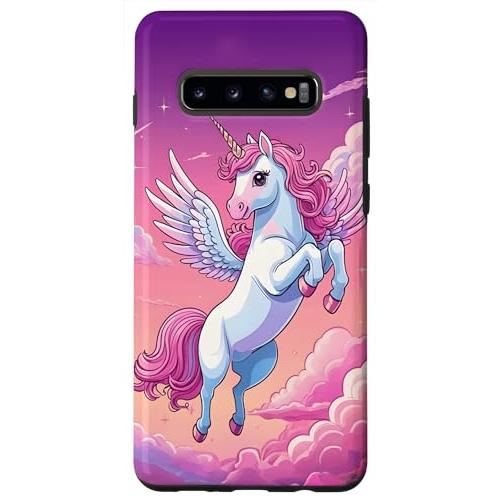 Galaxy S10* ユニコーン、ファンタジー、魔法、かわいい、ピンク、雲 プリント スマホケース