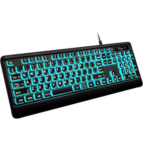 大きめの文字のバックライト付きキーボード、静かなUSB有線コンピューターキーボード、光るホワイトLE...