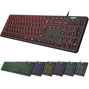Arteck USB 有線 ワイヤー キーボード 7色バックライト搭載 明るさ変更 フルサイズ 6フィート（約1.8メートル）コード テンキー付き コ