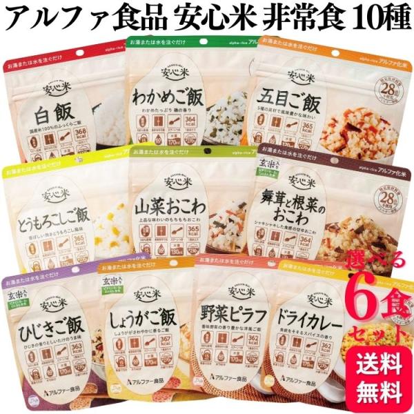 6食セット 10種類から選べる アルファー食品 安心米 白飯 わかめご飯 五目ご飯 とうもろこしご飯...