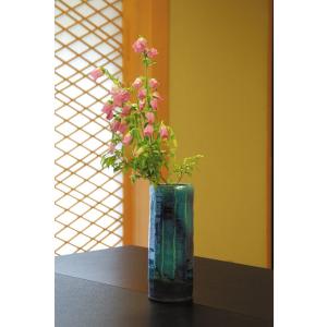 信楽焼　青ガラス面取花入　花器