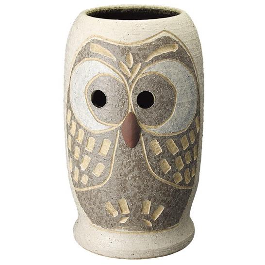 信楽焼　傘たて　ふくろう彫傘立　　ホワイト