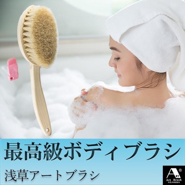 浅草アートブラシ 白馬毛 高級ボディブラシ クリーナー付 正規品 ロングハンドル 柔らかめ 大き目 ...
