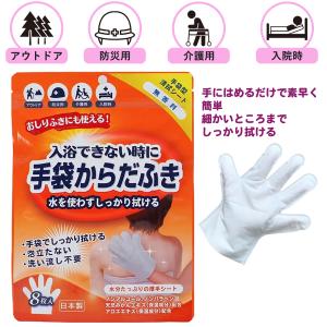 体拭きシート 手袋 からだふき 8枚入 無香料 手袋型 水不要 拭くだけ ノンアルコール 災害 入院 介護 アウトドア キャンプ 保湿成分 おしり拭きシート 本田洋行｜KURAZO-よろずや くら蔵