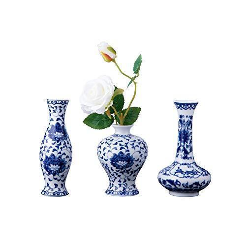 ミニブルー&amp;ホワイト磁器花瓶3点セット Fambe Glaze磁器花瓶3点セット クラシックセラミッ...