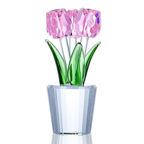 ピンククリスタルチューリップの花の置物、ガラスブーケコレクションフィギュア ホームデコレーションオー...