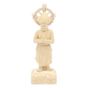 仏像 稲荷大明神 狐上立像 身丈5.0寸 総高33cm 桧木 お稲荷さん お稲荷