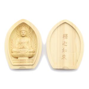 仏像 座釈迦 柘植 六角鬼面麒麟台座 水煙光背 眼入 仏切金 2.0寸 釈迦