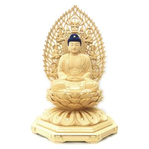 仏像 釈迦如来 座像 身丈8.5寸 総高70cm 飛天光背 八角低台 桧木切金｜kurita-butuzou