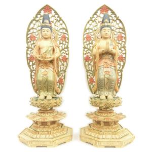 木彫り仏像 桧木│向源寺形十一面観音菩薩│立5.0寸│金泥書│総丈26.5