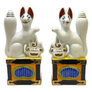 狐 一対 6寸 陶器 稲荷大明神 お稲荷さん お稲荷様 稲荷神 神具 : 栗田