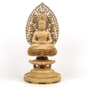 木彫り仏像 【薬師如来】 飛天光背八角台 柘植 坐2.0寸 : 海宇工芸館
