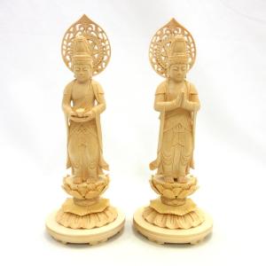 仏像 聖観音菩薩（蓮華持） 勢至菩薩 立像 4.0寸 一対 宝珠光背 円台