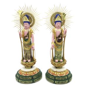 仏像 聖観音菩薩（蓮華持） 勢至菩薩 立像 4.0寸 一対 宝珠光背 円台