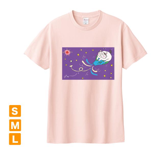 半袖 カラー Tシャツ ネコ イラストプリント 食いしん坊くりちゃん pigorff ライトピンク