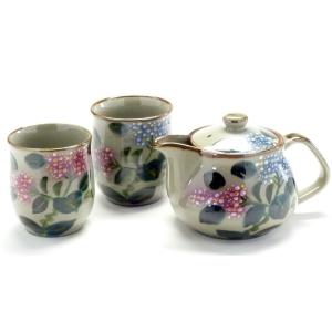 九谷焼 急須3点セット 大 がく紫陽花ピンク＆ブルー 裏絵(Kutani teapot set)おしゃれ 茶器 ポット お茶 紅茶 花柄 結婚祝い プレゼント｜kutanihyakkaen