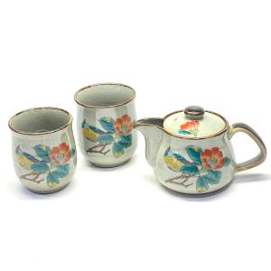 九谷焼 高級 陶磁器 急須3点セット 小 宝尽くし緑塗り 裏絵(Kutani