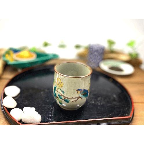 九谷焼 高級 陶磁器 湯呑 小 金糸梅に鳥 裏絵(Kutani teacup)おしゃれ 湯飲み ゆの...