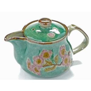 九谷焼 急須 小 ソメイヨシノ緑塗り【裏絵】(Kutani teapot)おしゃれ 茶器 ポット急須 ティーポット お茶 一人用 手描き 桜 結婚祝い プレゼント｜kutanihyakkaen