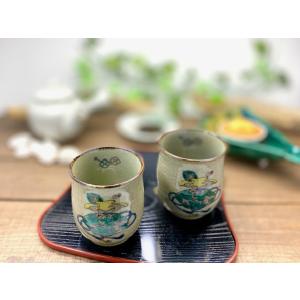九谷焼 高級 陶磁器 夫婦湯呑 金糸梅に鳥 裏絵( Kutani Teacup
