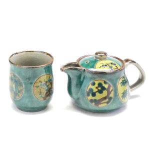 九谷焼 急須2点セット 小 丸紋松竹梅緑塗り 裏絵(Kutani Teapot)おしゃれ 茶器 ポット ティーポット お茶 茶漉し 便利 縁起柄　プレゼント｜kutanihyakkaen