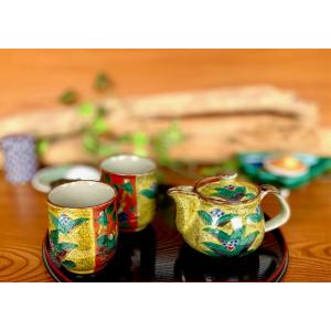 九谷焼 高級 陶磁器 急須3点セット 小 吉田屋万年青 ハート 裏絵