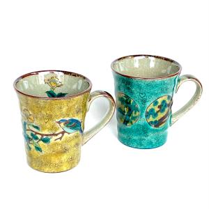九谷焼 高級 陶磁器 ペアマグカップ 丸紋松竹梅緑塗り＆黄塗り金糸梅に鳥『裏絵』おしゃれ 吉田屋 花柄