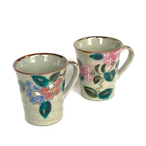 九谷焼 高級 陶磁器 ペアマグカップ グリーン地桜 ＆ 加賀のお殿様