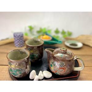 九谷焼 高級 陶磁器 急須3点セット 小 宝尽くし緑塗り 裏絵(Kutani