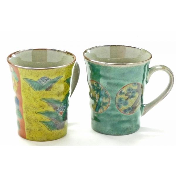 九谷焼 ペアマグカップ 吉田屋木米ツートン&amp;丸紋松竹梅緑塗り 裏絵(Kutani pair mug)...