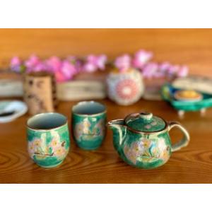 九谷焼 高級 陶磁器 急須3点セット 小 宝尽くし緑塗り 裏絵(Kutani