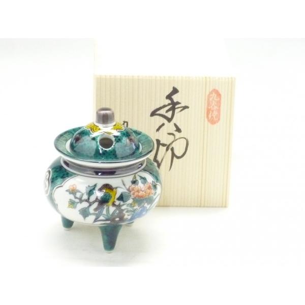 九谷焼 豆香炉 青九谷 花鳥 木箱入り (Kutani Incense Burner) ギフト おし...