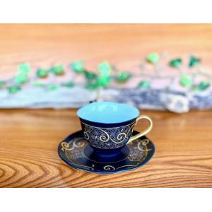 九谷焼 高級 陶磁器 カップ＆ソーサー 青粒+金花詰 裏絵(Kutani cup