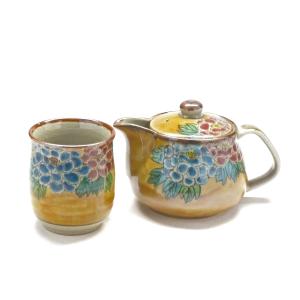 母の日ギフト 九谷焼 急須２点セット 濃い塗牡丹 裏絵（Kutani Teapot)おしゃれ 茶器 ポット ティーポット お茶 紅茶 茶漉し 花柄 吉田屋 プレゼント｜kutanihyakkaen