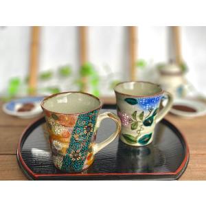 九谷焼 高級 陶磁器 ペアマグカップ がく紫陽花ピンク＋ブルー＆椿に鳥