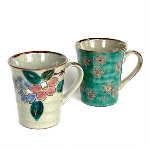 九谷焼 高級 陶磁器 ペアマグカップ グリーン地桜 ＆ 加賀のお殿様