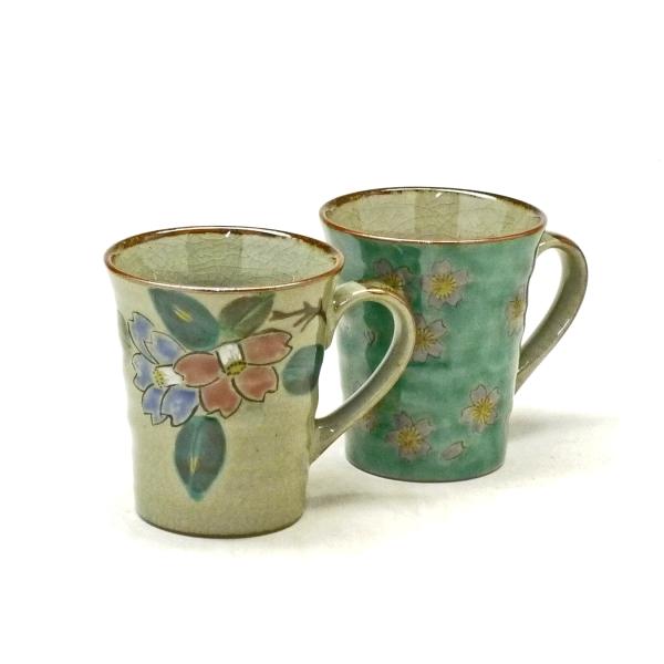 九谷焼 ペアマグカップ コンビ山茶花＆グリーン地桜 (Kutani pair mug)おしゃれ 手描...