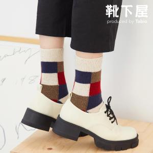 靴下屋 異素材 ブロック ソックス 靴下 タビオ Tabio くつ下 クルー 毛混 ウール 冬 チェック ギフト プレゼント レディース 日本製